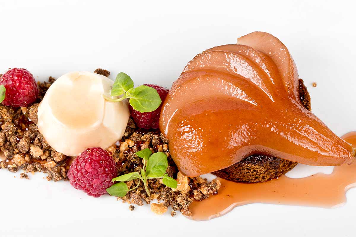 Caramelised poached pear dessert