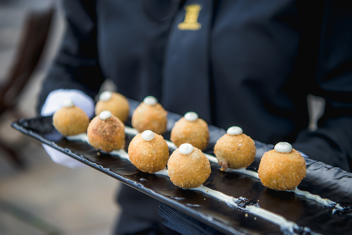 Duck confit croquettes, aioli canapes served during wedding reception